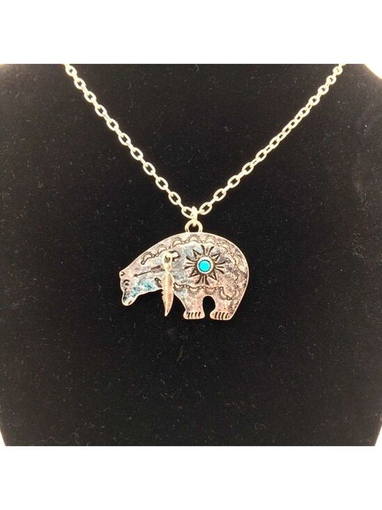 Jewelry - Antiqued Silver Bear Pendant Turquoise Accent Necklace